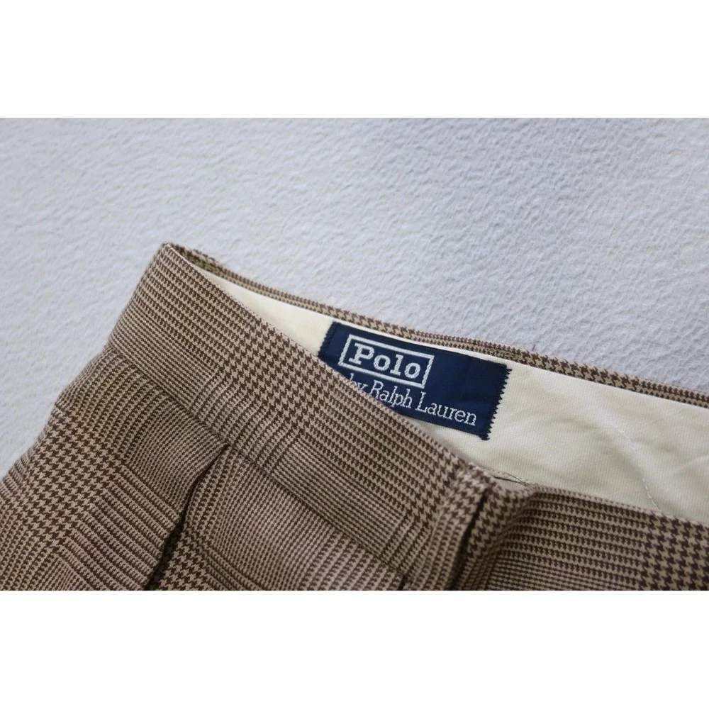 Polo Ralph Lauren Dress Pants Mens 36x29 Brown Glen Plaid Pleated Cuffed
